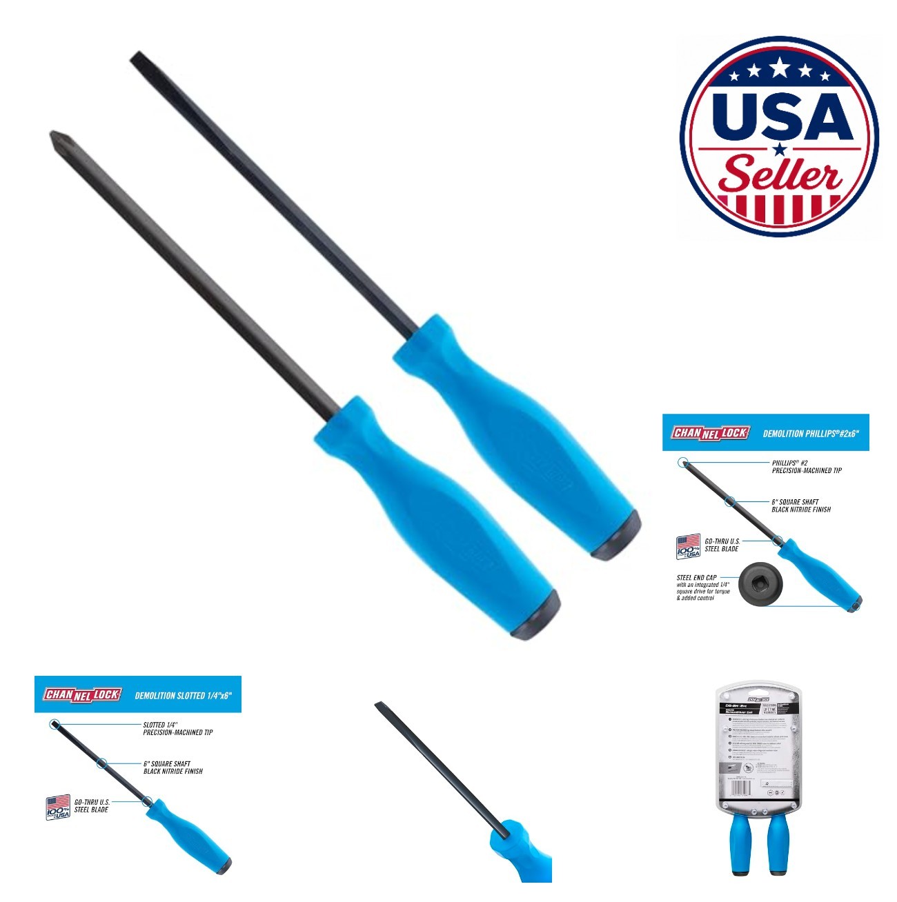 2 Piece Demolition Screwdriver Set Phillips #2 Slotted 1/4 Inch 6 Inch Heavy