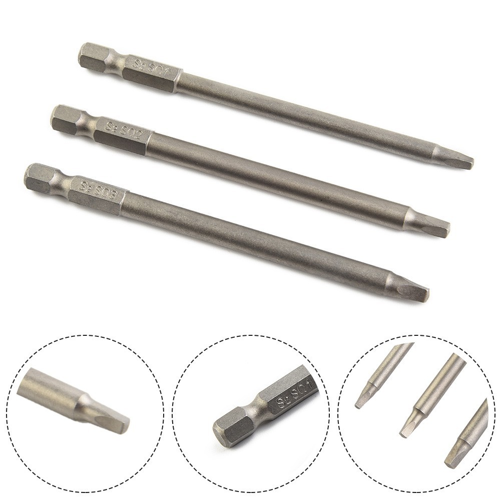 Screw Driver Bits Square Head Hand Tool Accessories 100mm 3pcs Hex SQ1-SQ3