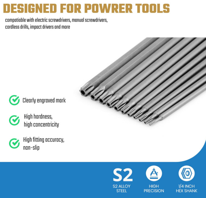 Juego de puntas Torx de seguridad extra largas 11 piezas T6–T40