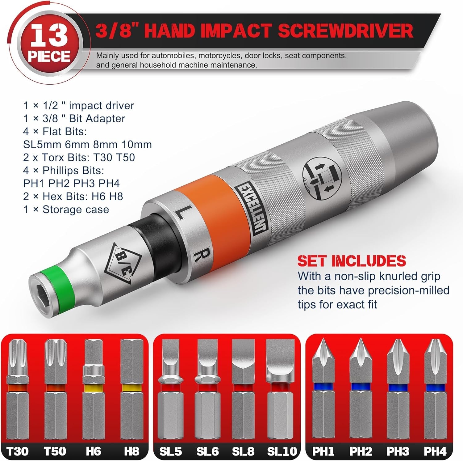 13 Piece 1/2″ Drive Manual Impact Driver, Reversible Hand Impact Screwdriver Set