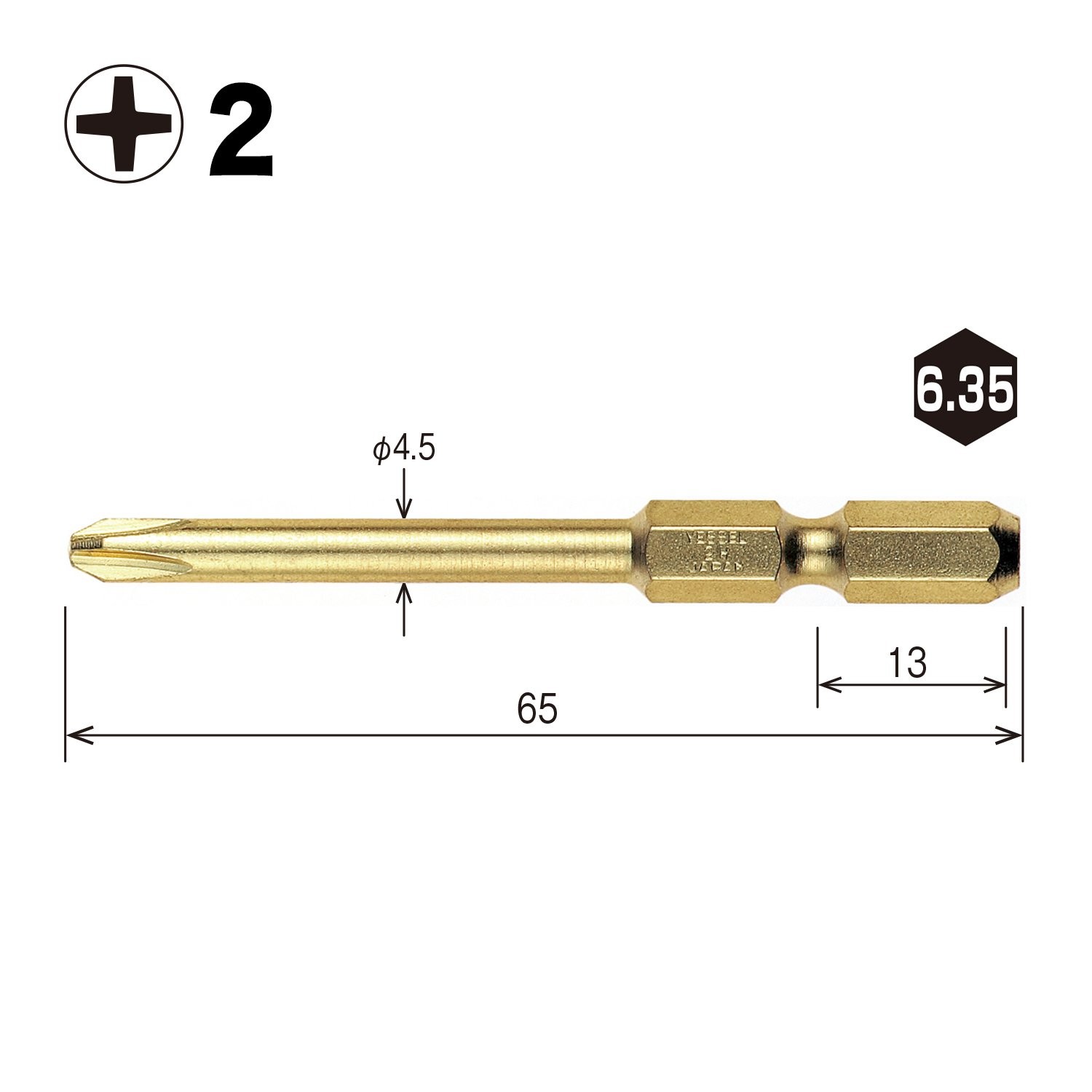 VESSEL GM162065 Gold Step Screwdriver Bit Phillips #2 x65mm Magnetic 2pcs Japan