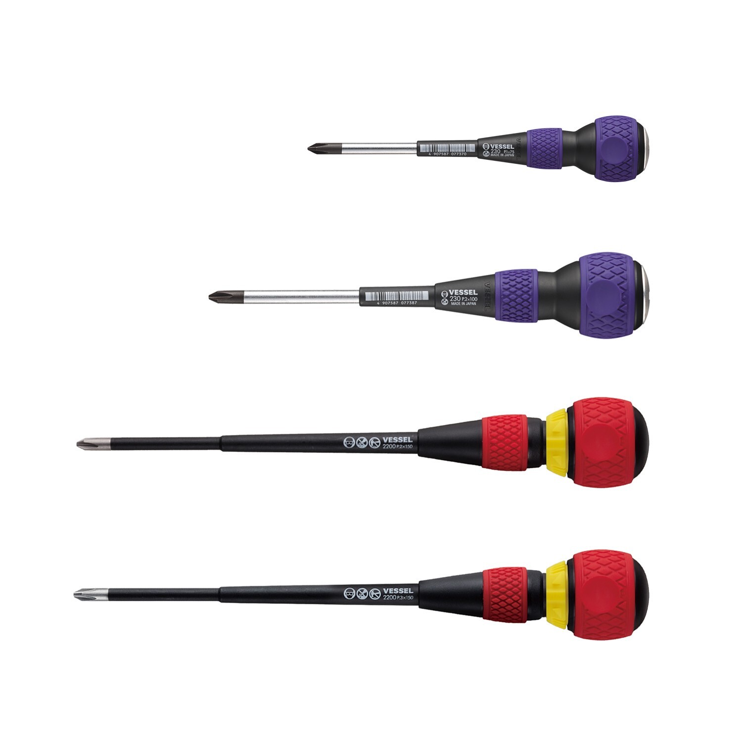 Vessel 4pc Ball Grip JIS Screwdriver Set Ratcheting & Tang-Thru P1, P2, P3