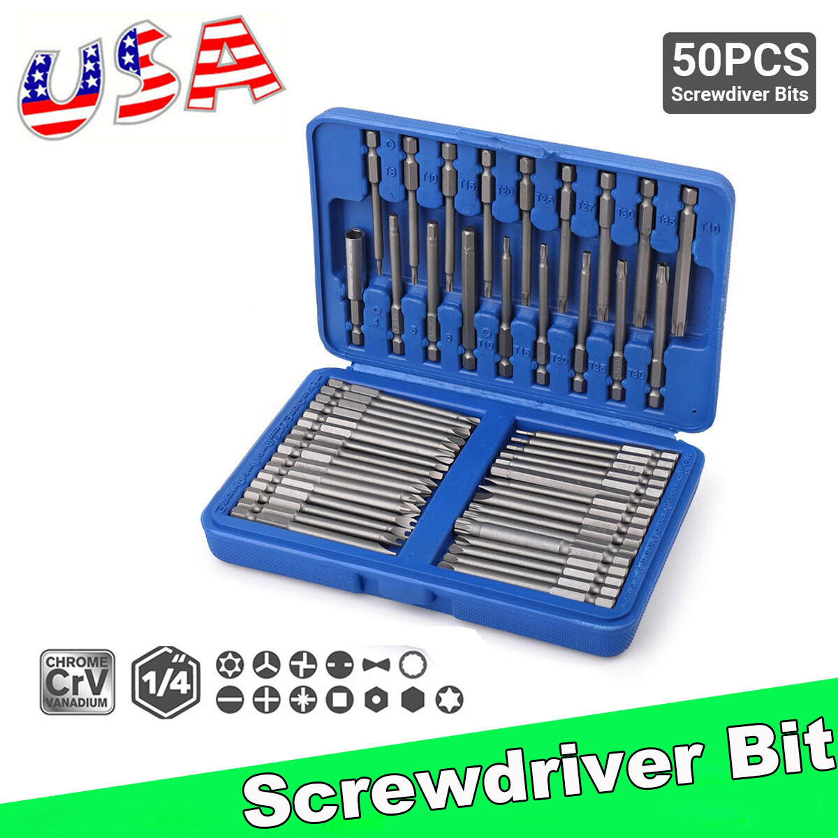 50Pcs Extra Long Security Bits Hex Torx Star Spline Flat Screwdriver Bit Box Set