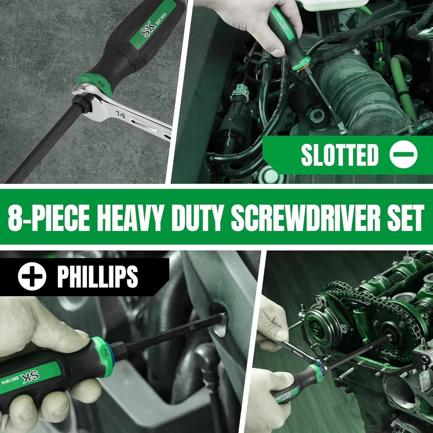 SK 8-Piece Heavy Duty Screwdriver Set, Demolition Driver, Slotted and Phillips