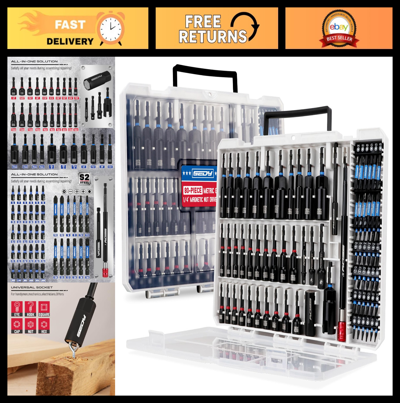 80-Piece Magnetic Nut Driver Set with Socket Adapters, Quick Release, Universal