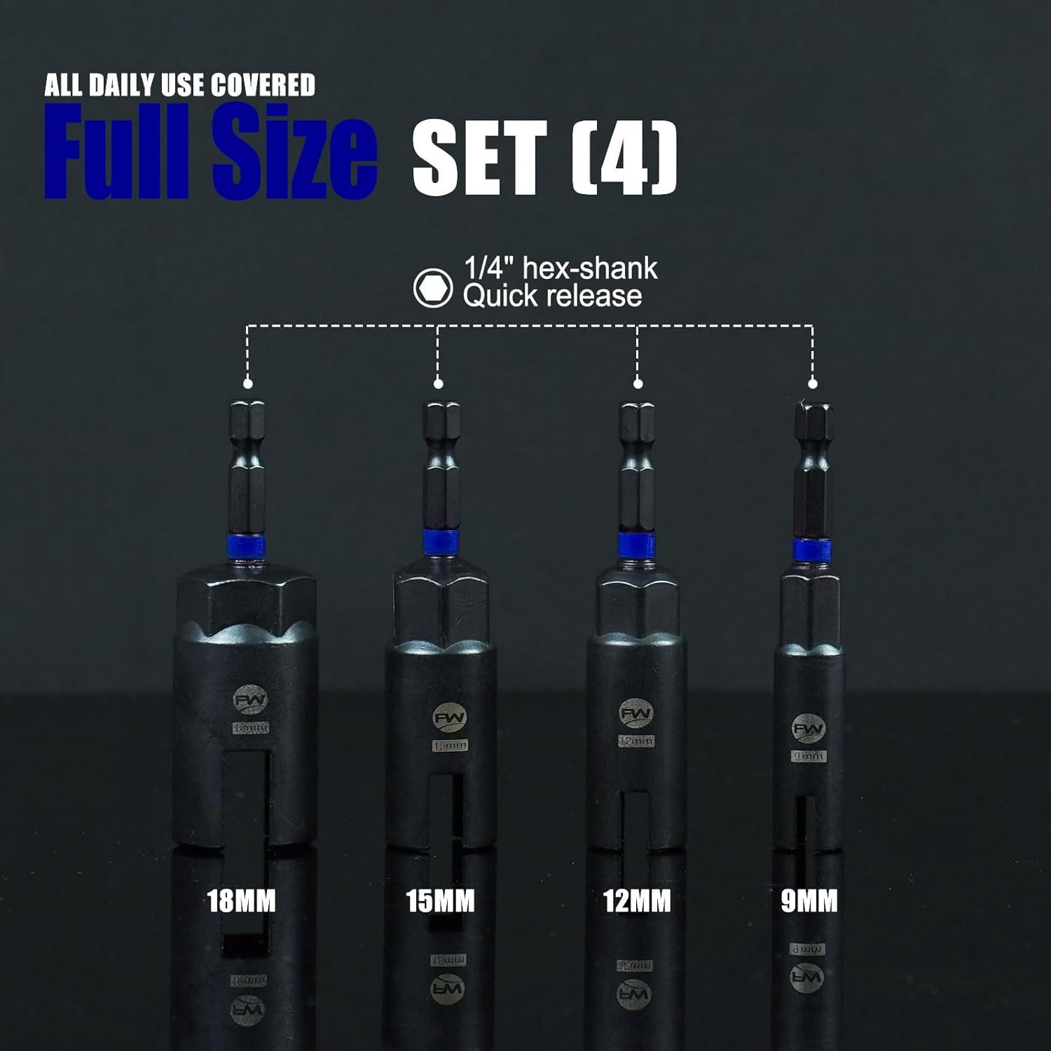 4-Piece Wing Nut Driver Set with 1/4″ Hex Shank, CR-V Steel Sockets