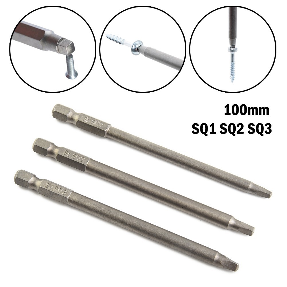 Screw Driver Bits Square Head Hand Tool Accessories 100mm 3pcs Hex SQ1-SQ3
