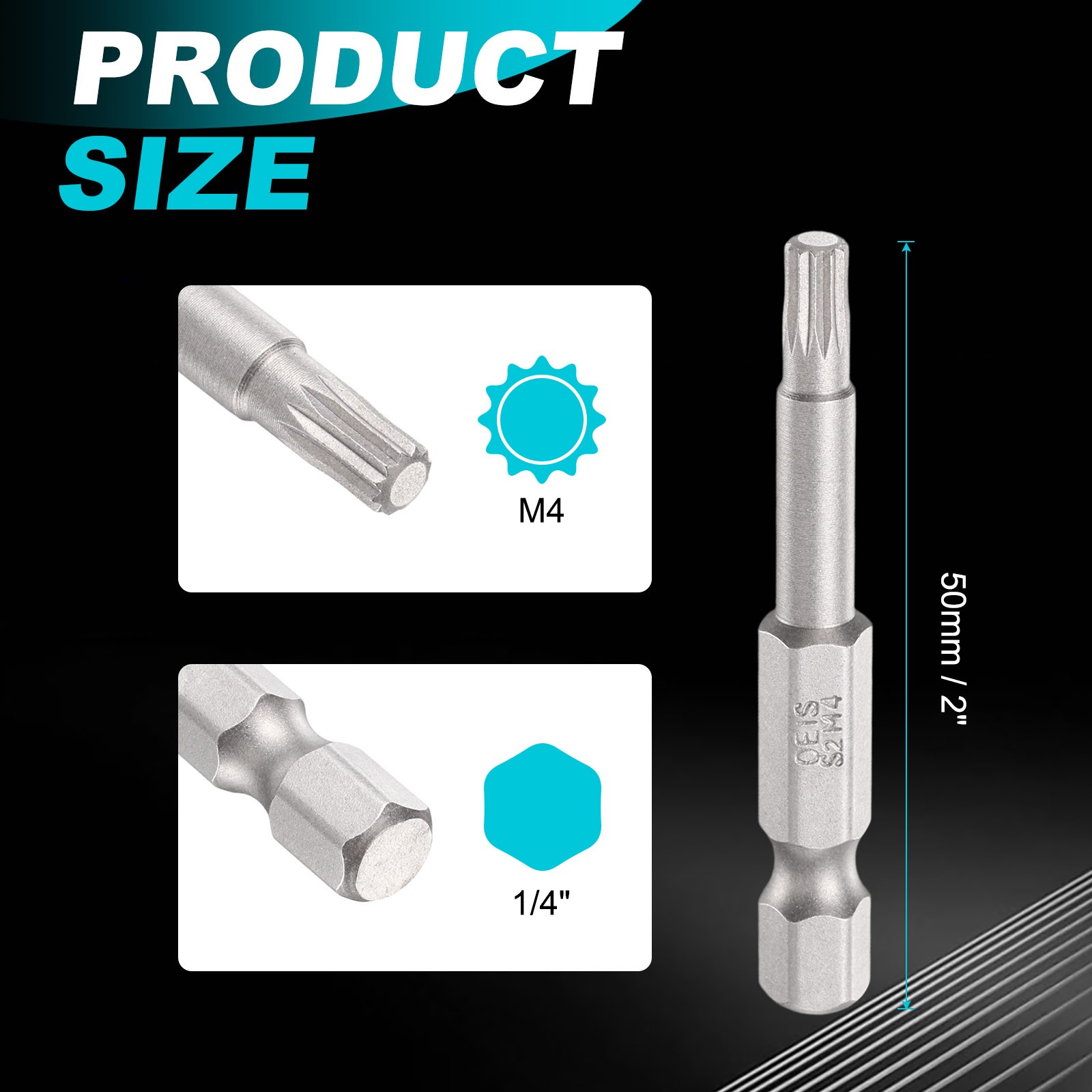 M4 Triple Square Spline Bit, 1/4″ Hex Shank 2″ Long Magnetic No Hole Tip