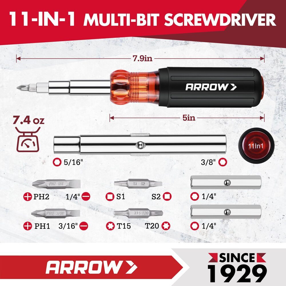 ARROW 2PC 11-in-1 Standard/5-in-1 Stubby Multi-bit Screw Driver & Nut Driver Set