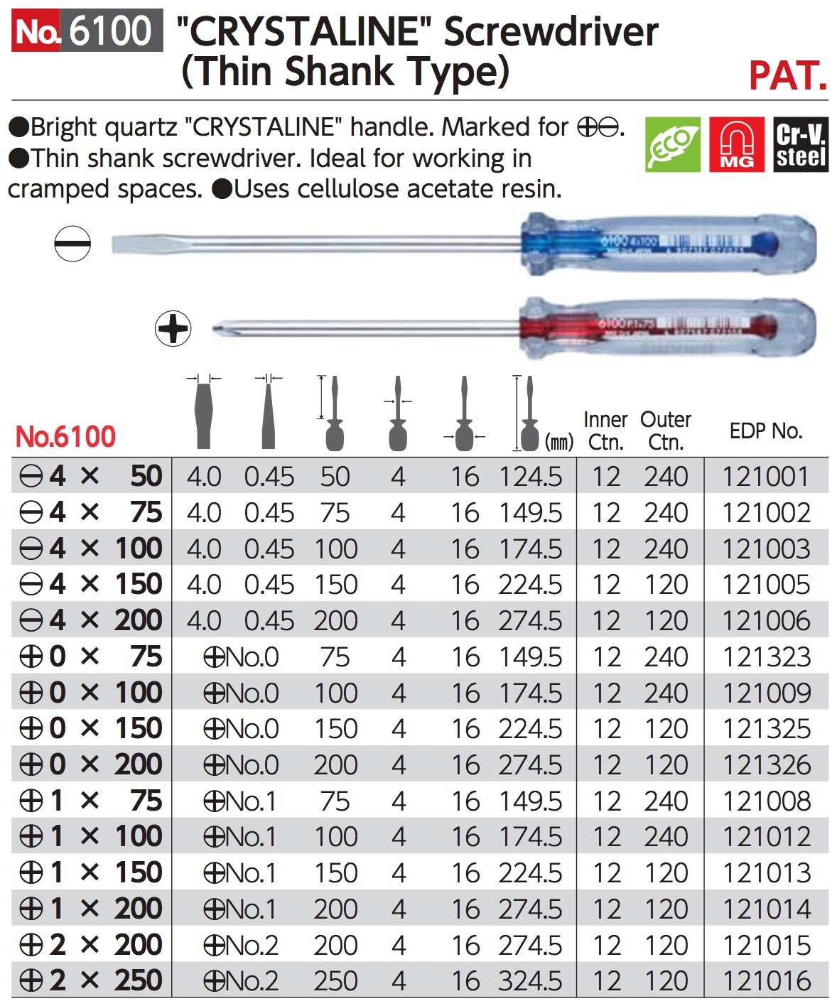 VESSEL CRYSTALINE Screwdriver Thin Shank Type -4,+0,1,2, 50-250mm No.6100