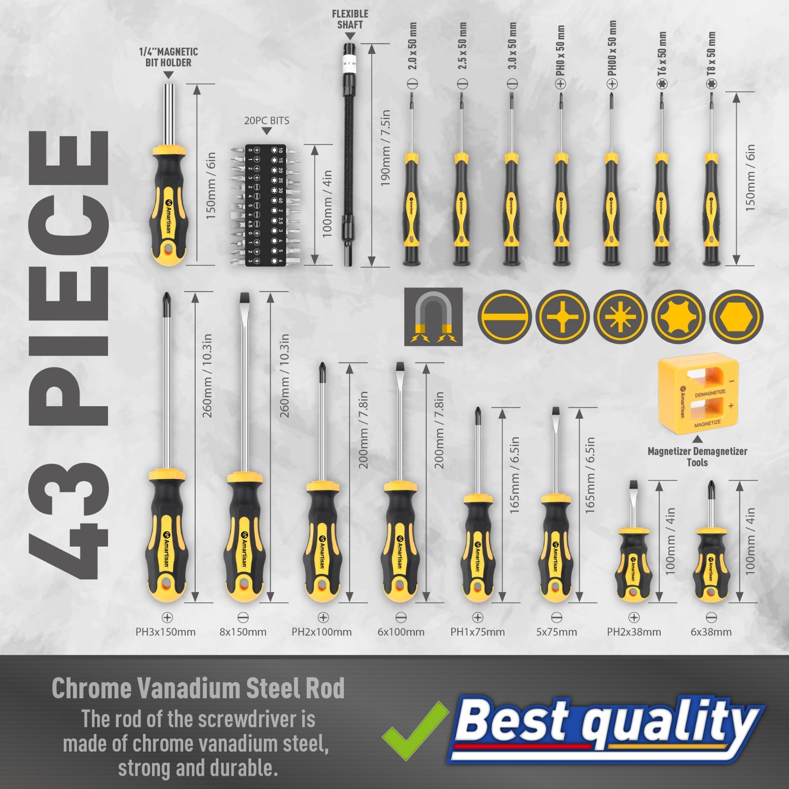 Amartisan Magnetic 43-in-1 Set Premium 6150 Chromium Vanadium Steel Screwdriver
