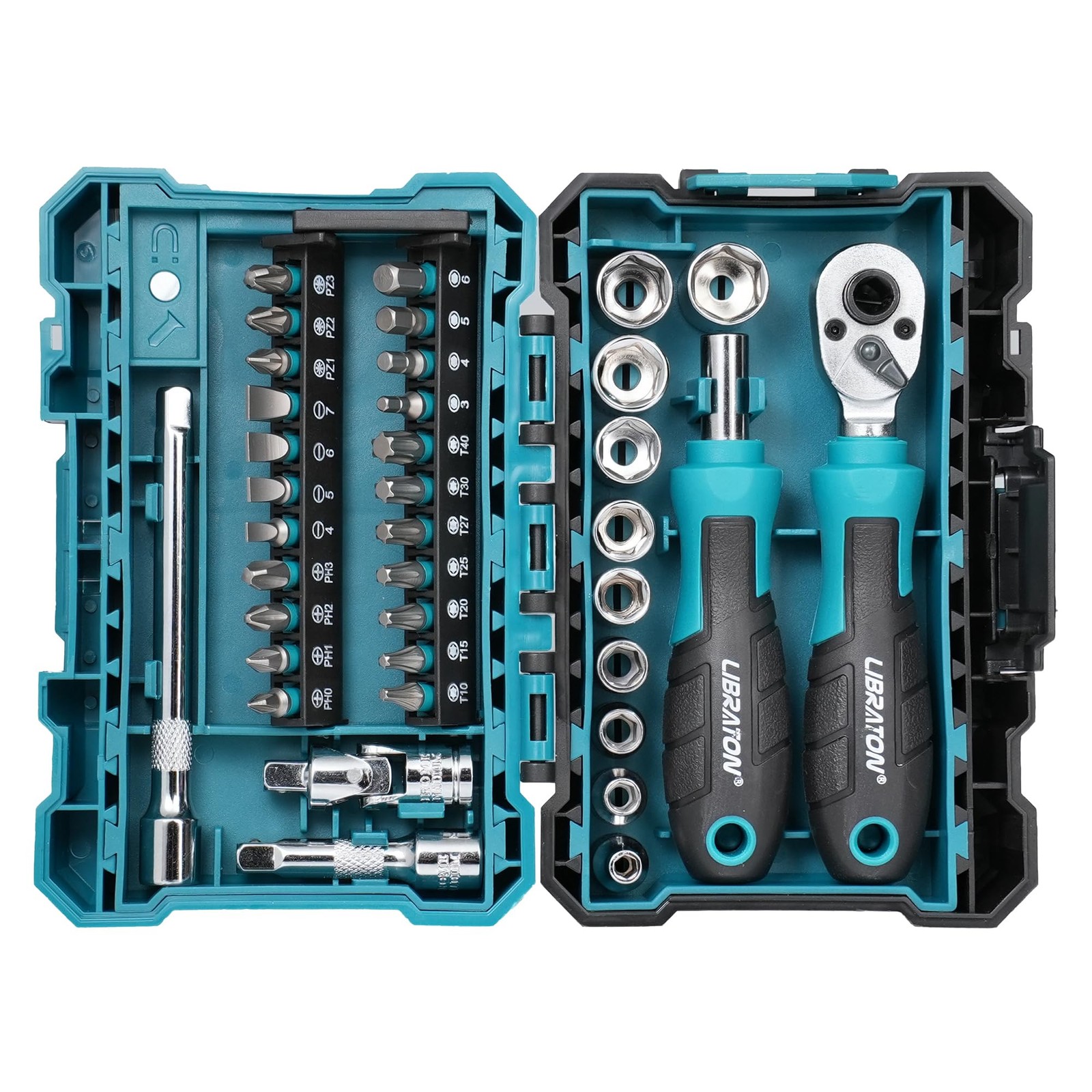 LIBRATON 1/4″ Drive Mini Socket & Ratchet Wrench Set Blue With Silver Accents