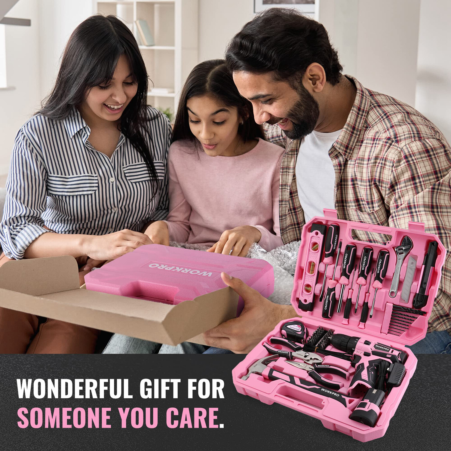 WORKPRO 108PCS Home Tool Kits w/ 12V 1.5Ah Power Drill & Common Bits PINK Tools