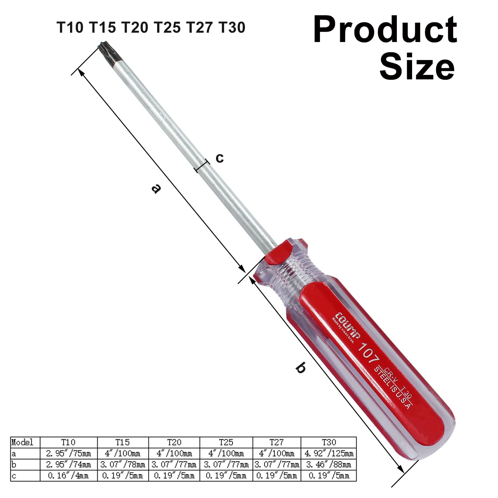 6 Pc Security Torx Screwdriver Set with Magnetic Tip, T10 T15 T20 T25 T27 T30 Cr
