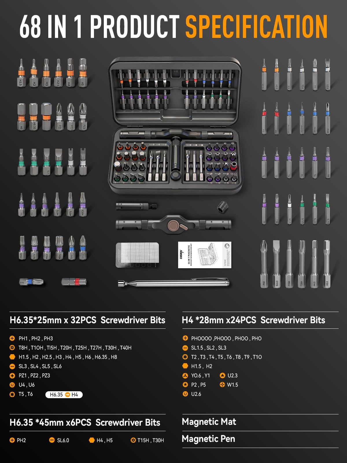 DISEN 68 in 1 Ratcheting Screwdriver Set, 58-Tooth T-Handle Black and Silver