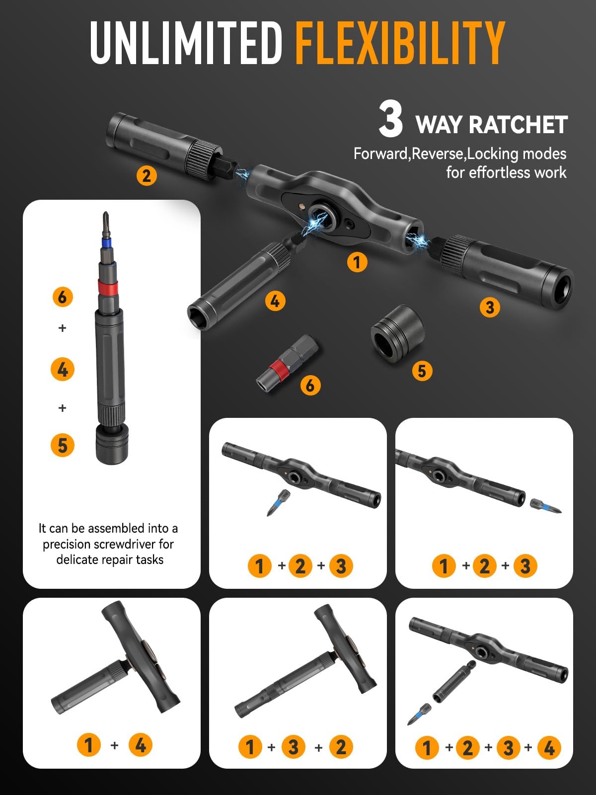 DISEN 68 in 1 Ratcheting Screwdriver Set, 58-Tooth T-Handle Black and Silver