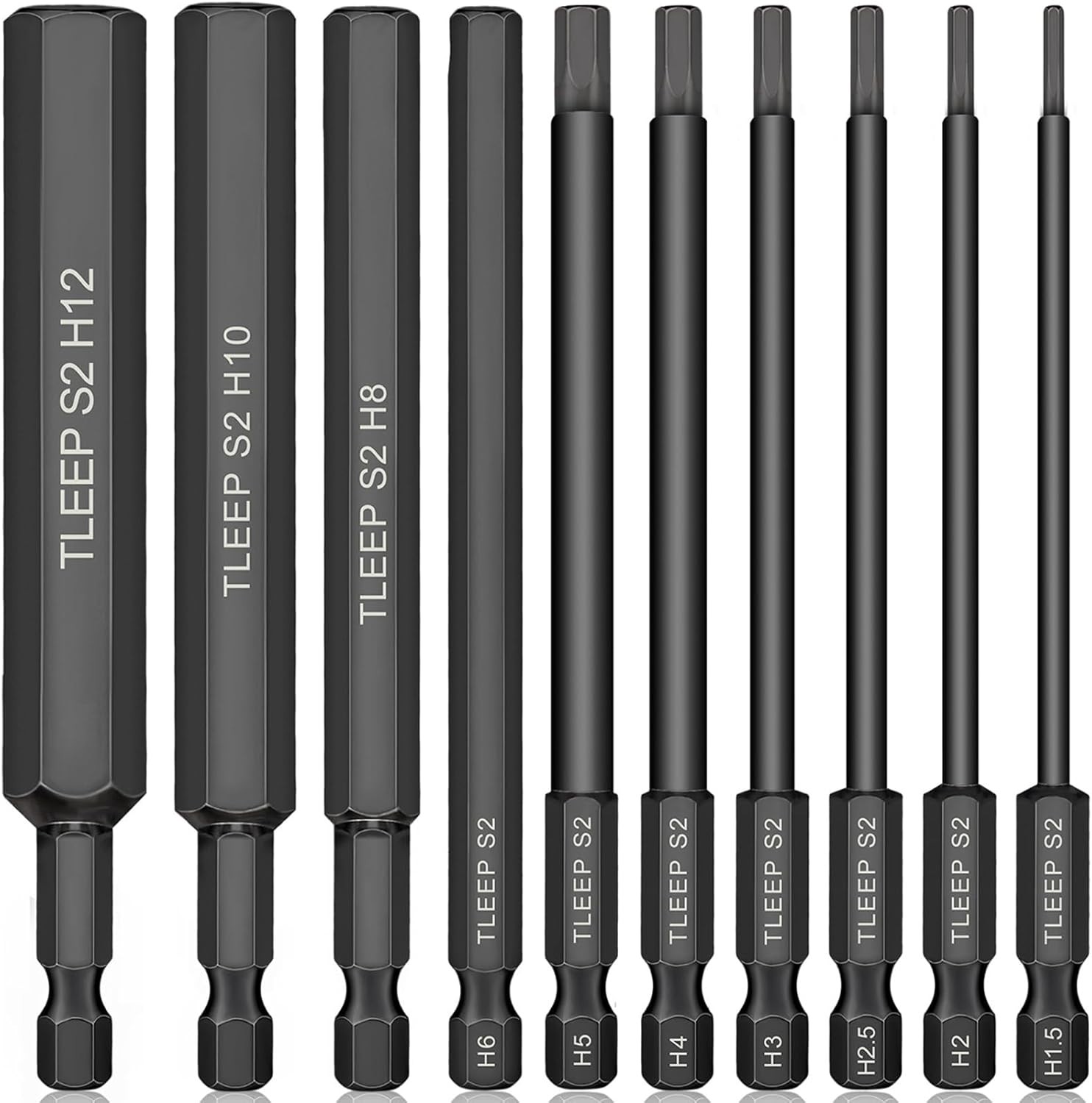 10 x Long 100MM 1/4 Metric 1.5mm to 12mm, Set 2: 12mm 1.5mm, 100mm Black