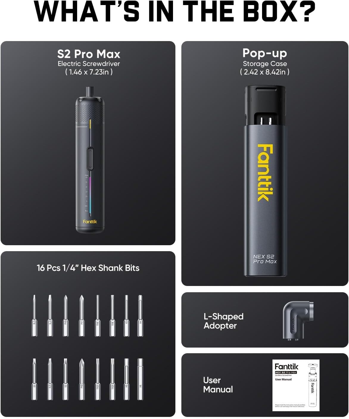 S2 Pro Max Electric Screwdriver, Cordless Screwdriver Set, 7 Torque Settings, 0.
