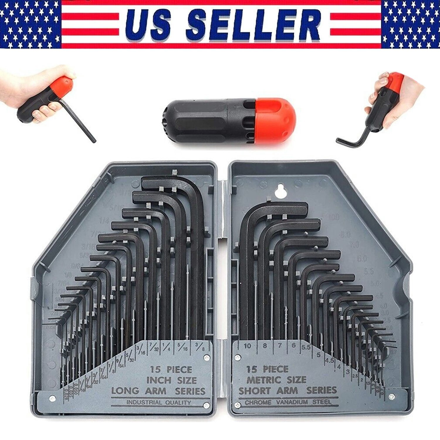 30Piece Hex Key Allen Wrench Set L Shape with handle SAE and Metric Assortment