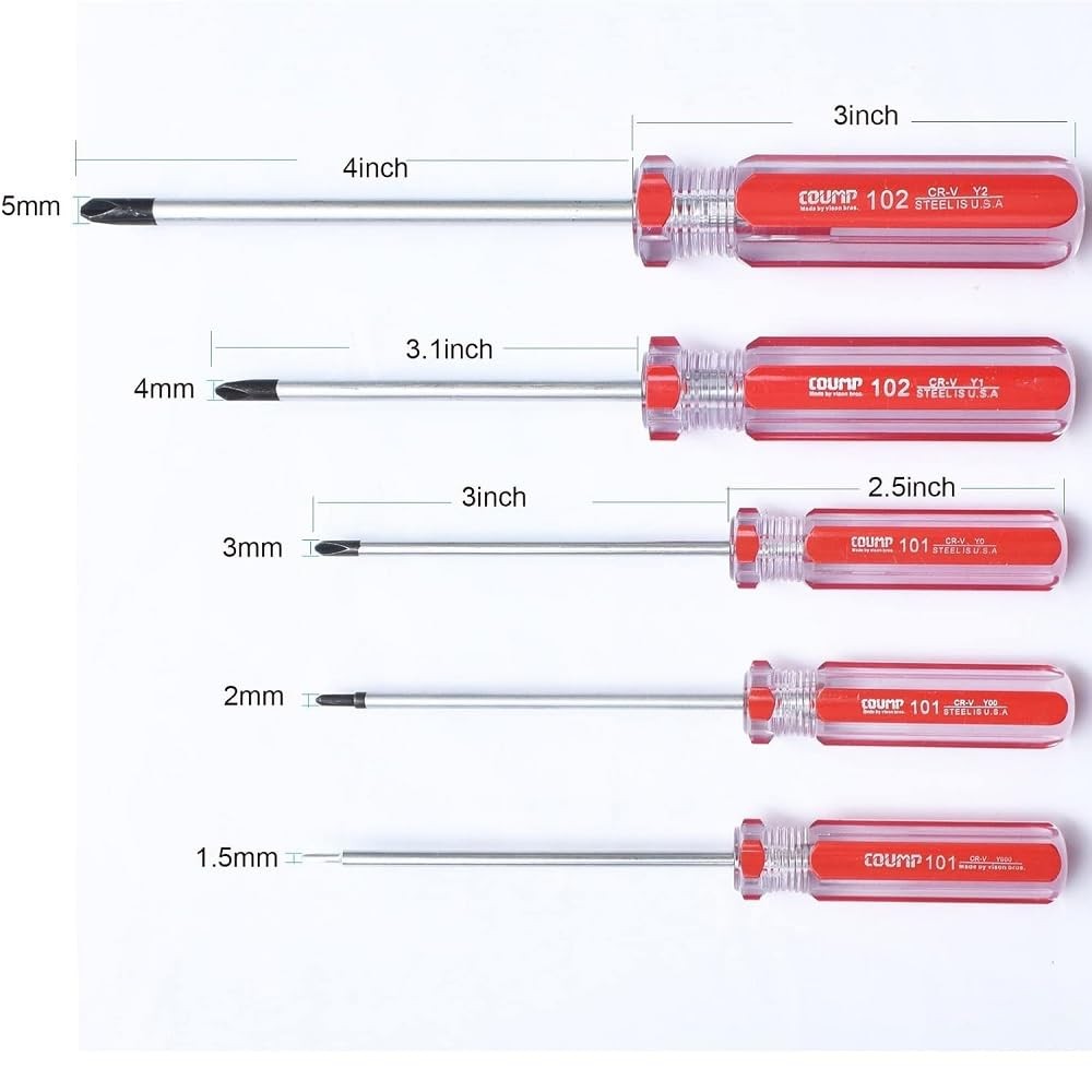 5 Piece Y Tip Screwdriver Set, Magnetic Tri Point Y2Y1Y0Y00Y000, Red, Silver