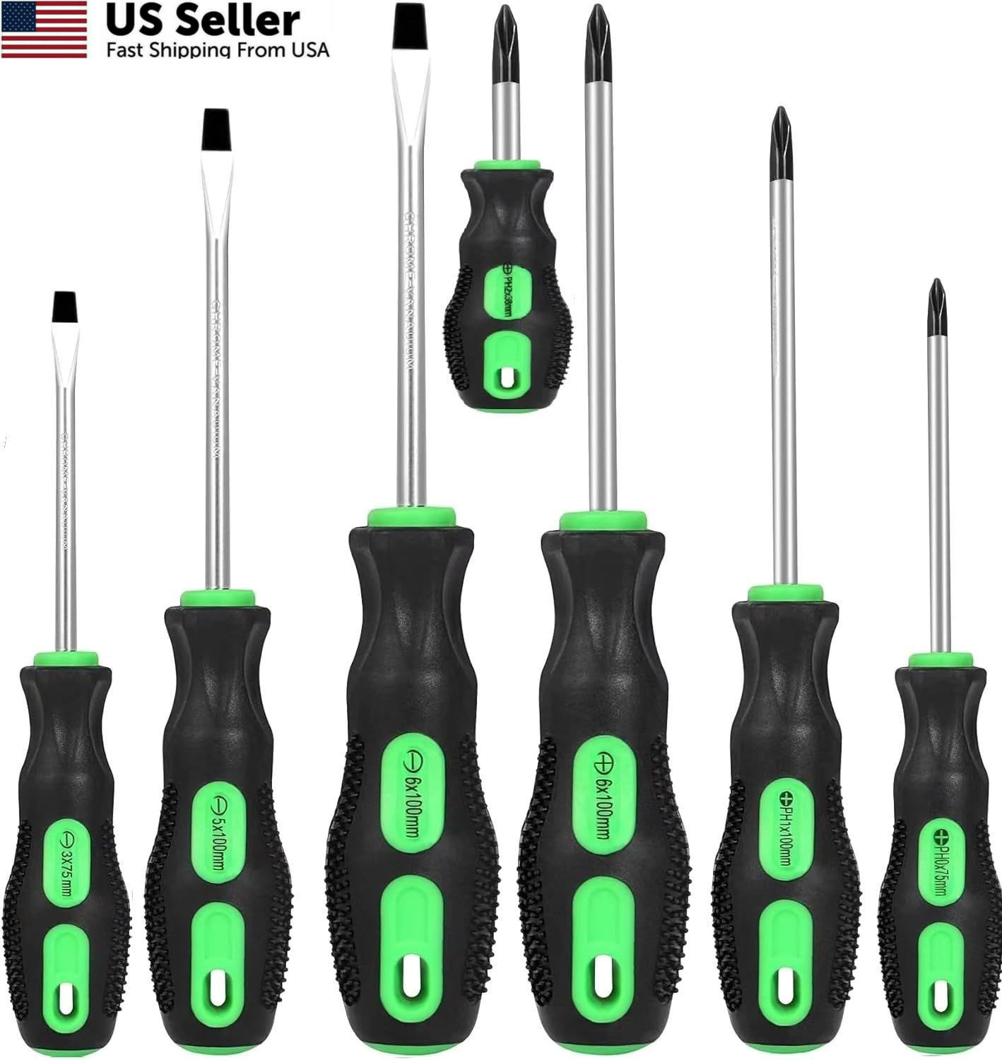GURADESIGN 7-Piece Magnetic Screwdrivers Set, 4 ‎Phillips & Slotted, Green