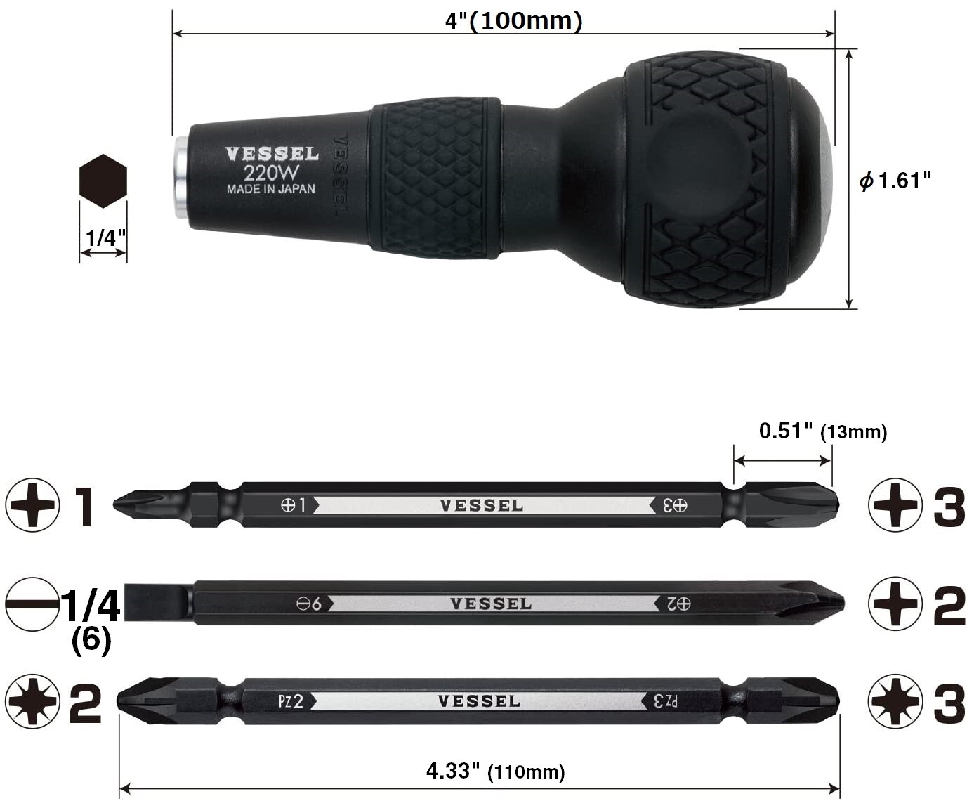 Vessel Ball Grip 1/4″ Hex Bit Interchangeable Screwdriver Set 220W-3 JAPAN
