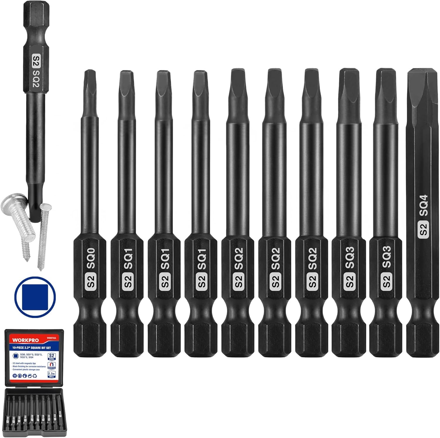 WORKPRO 10pcs Square Bit Set, CNC Machined S2 Steel Magnetic Screwdriver Bits Se