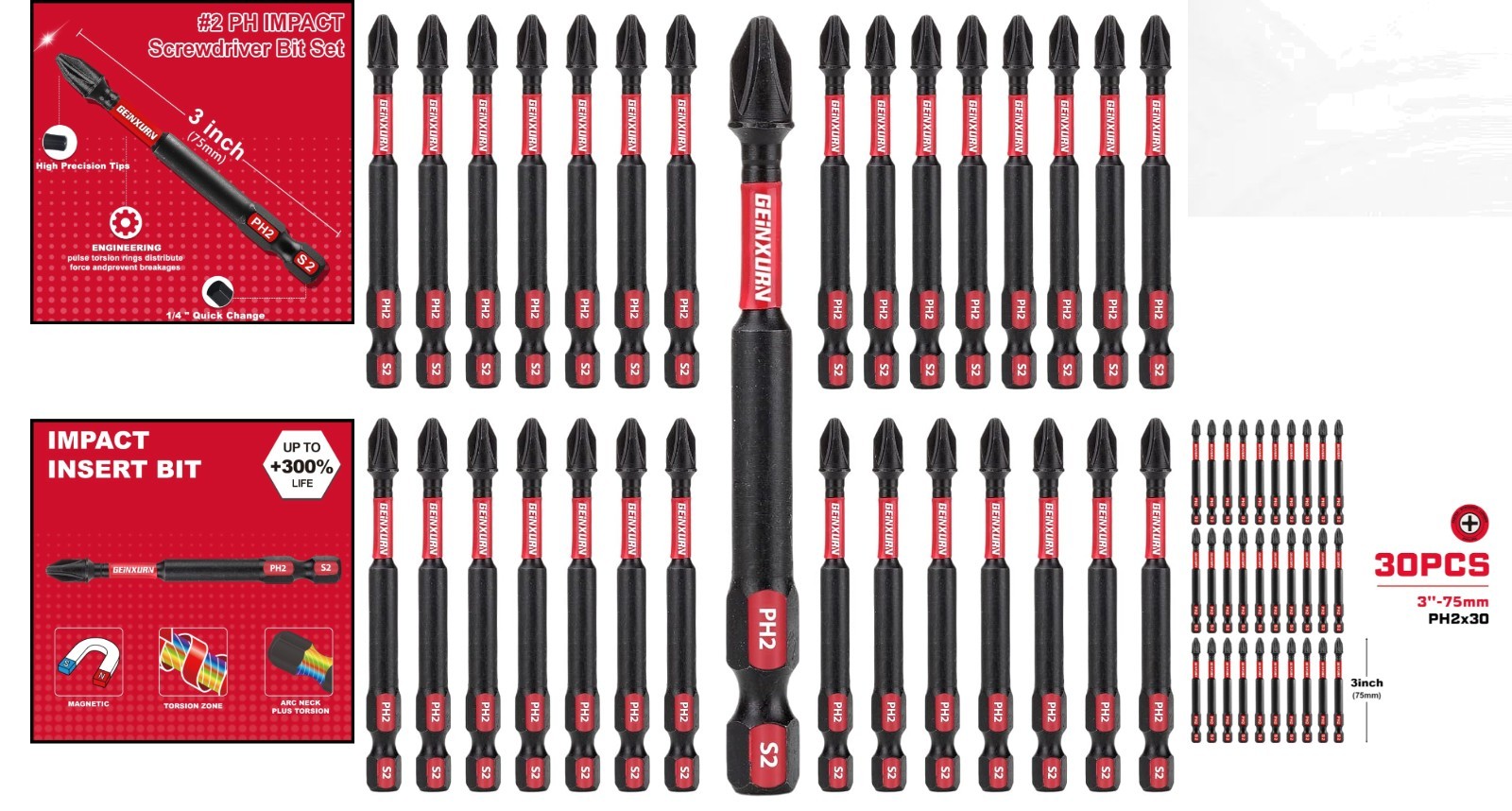 Versatile 30-Pack 3-Inch Impact-Resistant PH2 Driver Bits Set for Woodworking