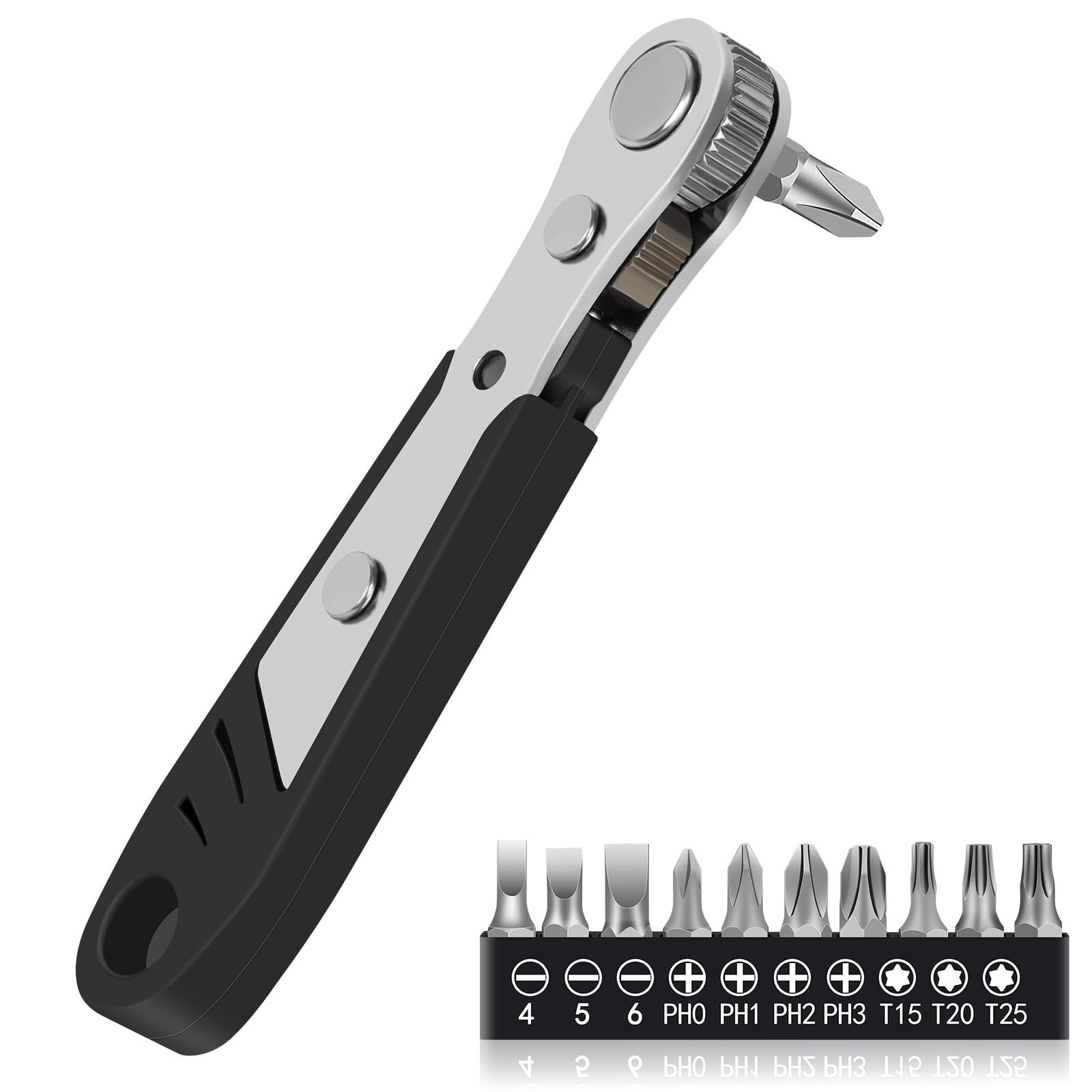 Ratcheting Right Angle Screwdriver Hex Drive 90 Degree Offset + 10pc Bits Set