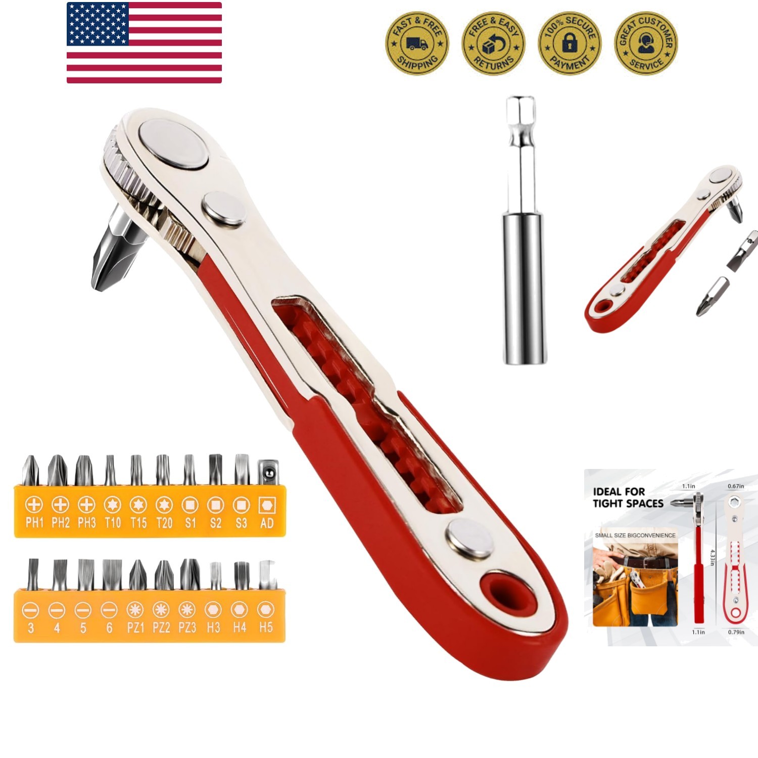 22-in-1 Magnetic Ratchet Screwdriver Set w/Reversible Wrench & Bits | Compact…