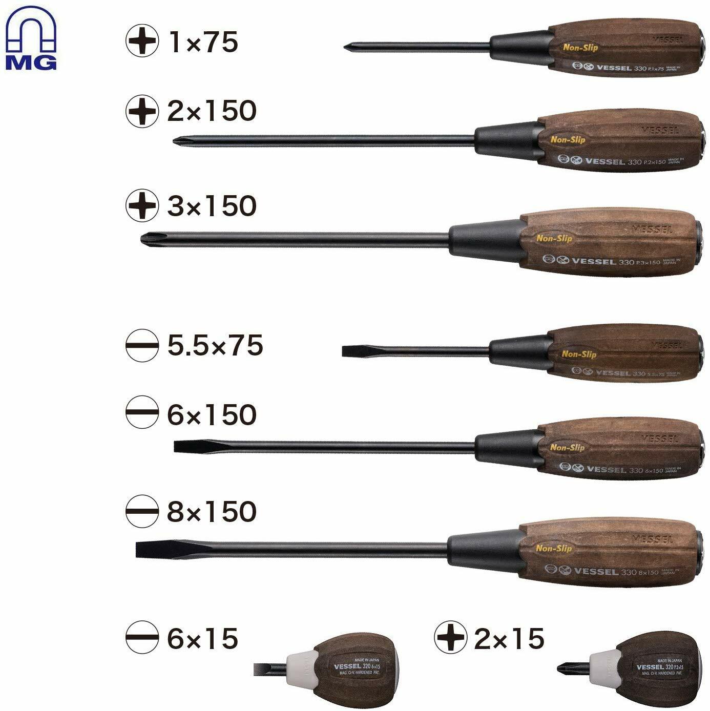 Vessel 3308EVA WOOD-COMPO Non-Slip Tang-Thru Screwdriver 8 Pcs Set