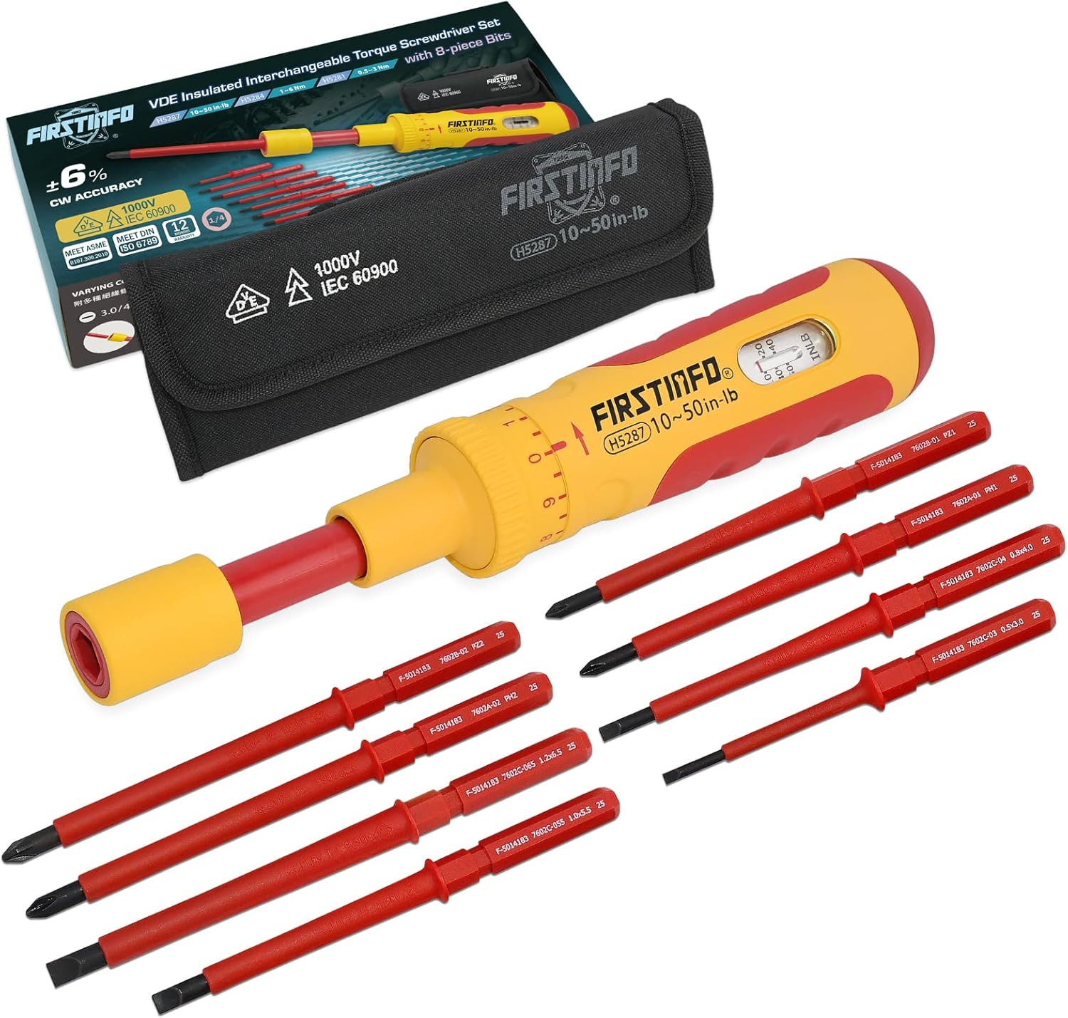 FIRSTINFO H5287 VDE Insulated Torque Screwdriver Set with 8 Bits, 10-50 In-Lbs
