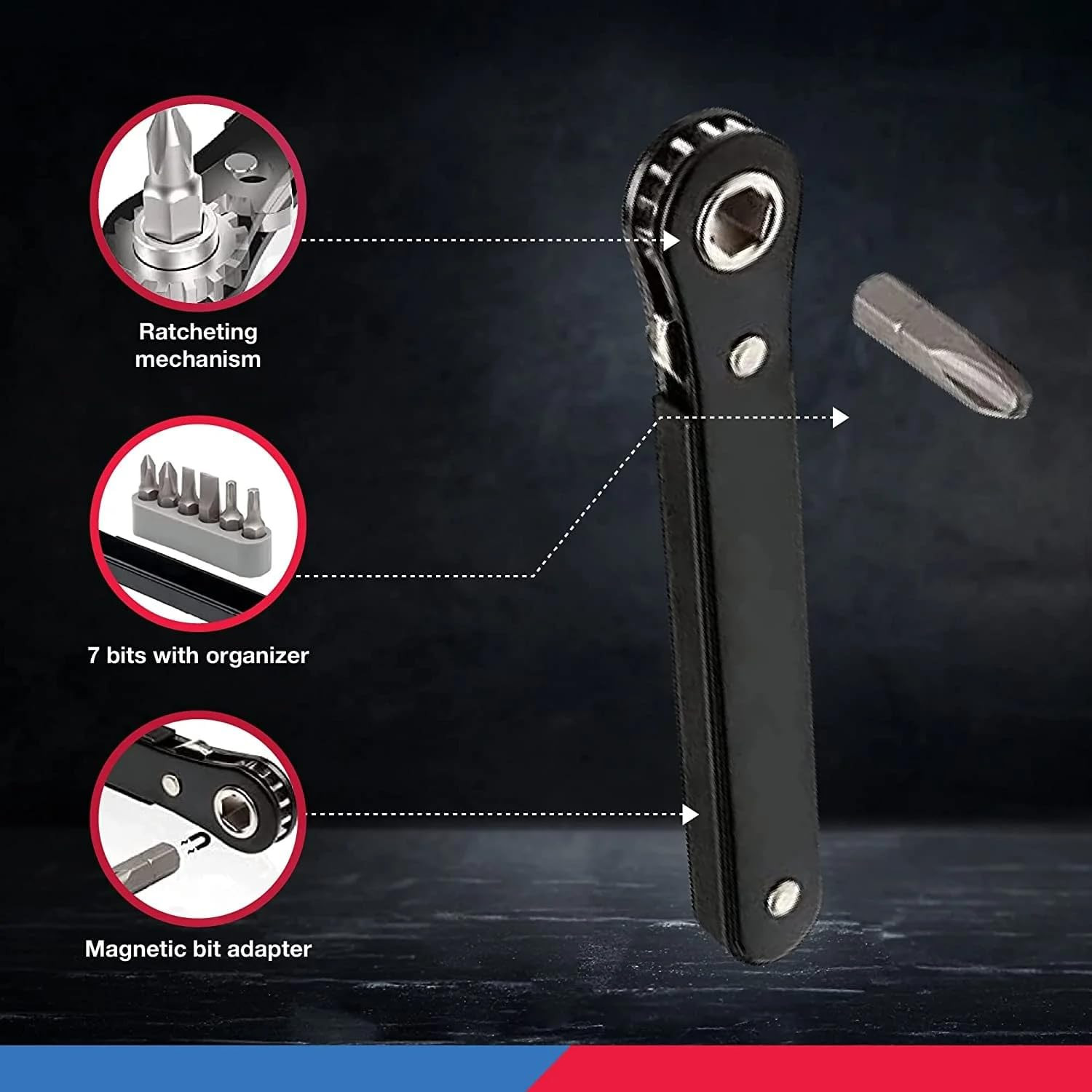 NEIKO 03044A 1/4-Inch Drive Mini Ratchet 4″ Length + 7 Bit Set, One Color