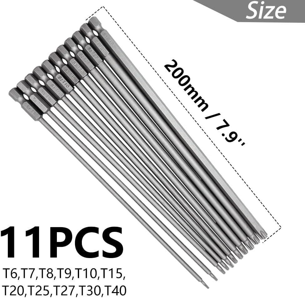 11Pcs 200mm Extra Long Torx Screwdriver Bit Set Magnetic S2 Steel T6-T40