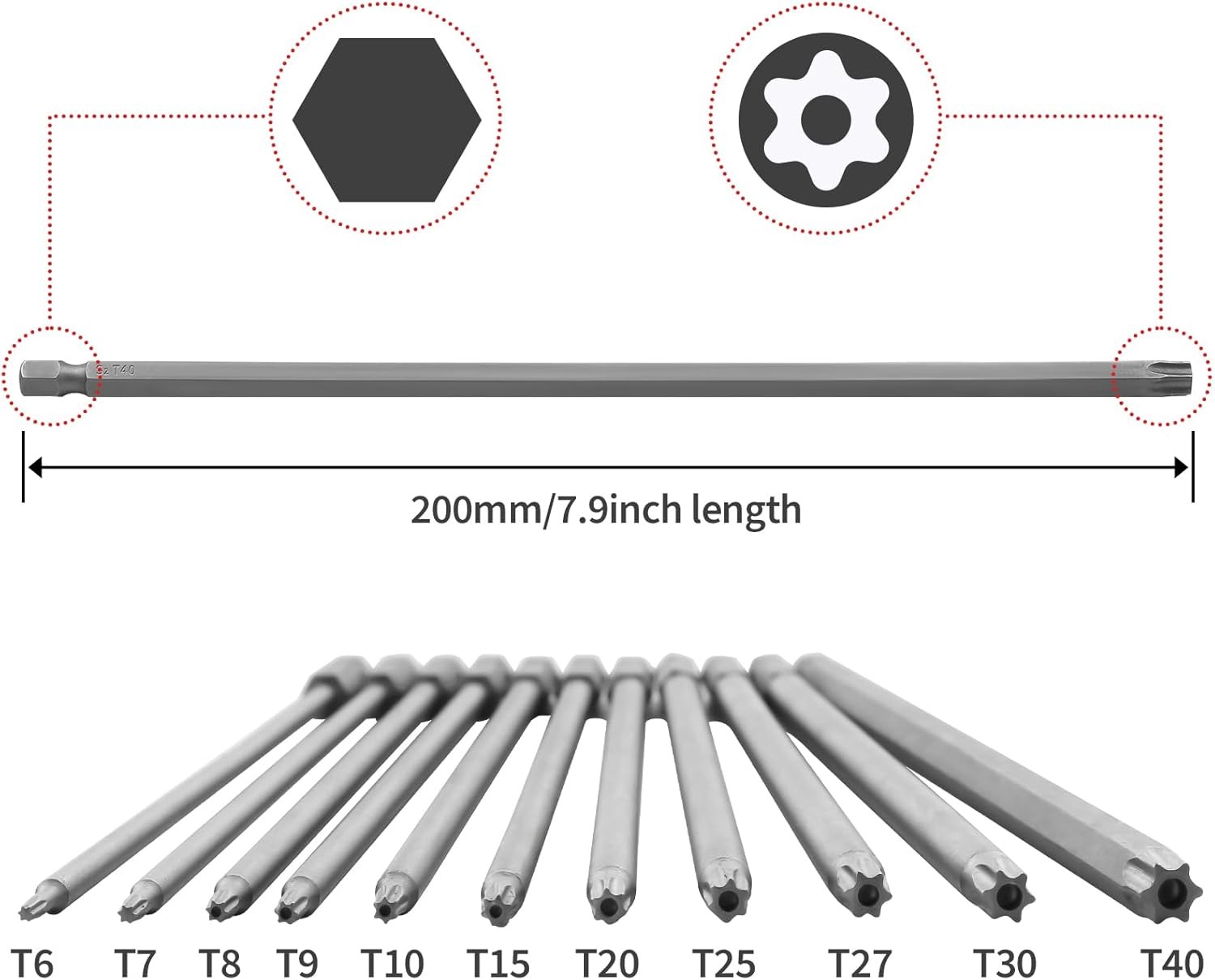 11Pcs 200mm Extra Long Torx Screwdriver Bit Set Magnetic S2 Steel T6-T40