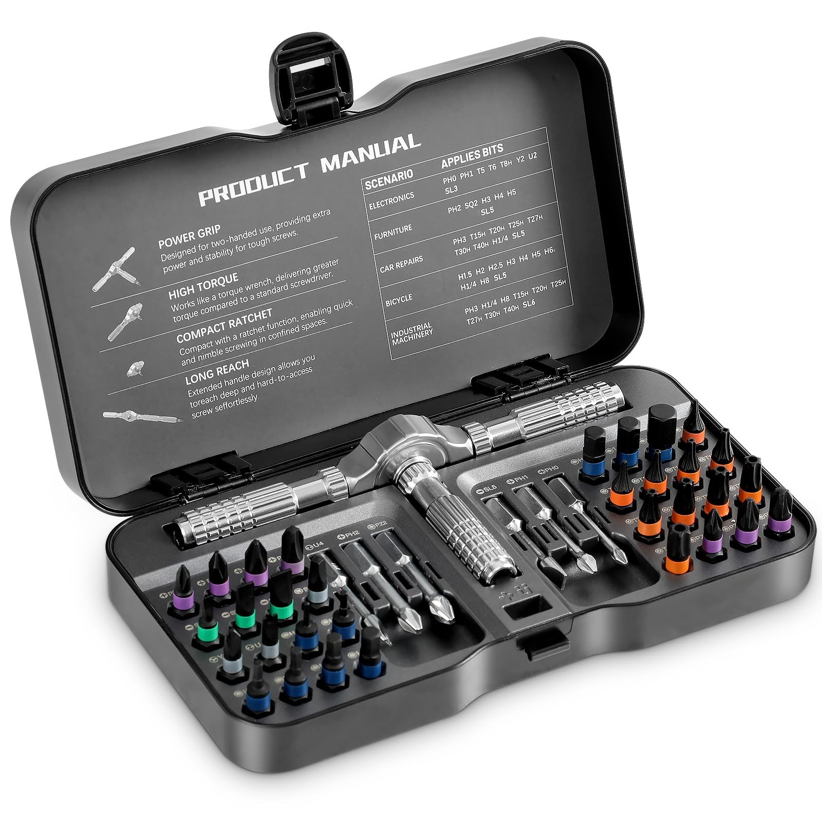 40 In 1 Ratcheting Screwdriver Set Multi Bit S2 Steel Bits Detachable Ratchet