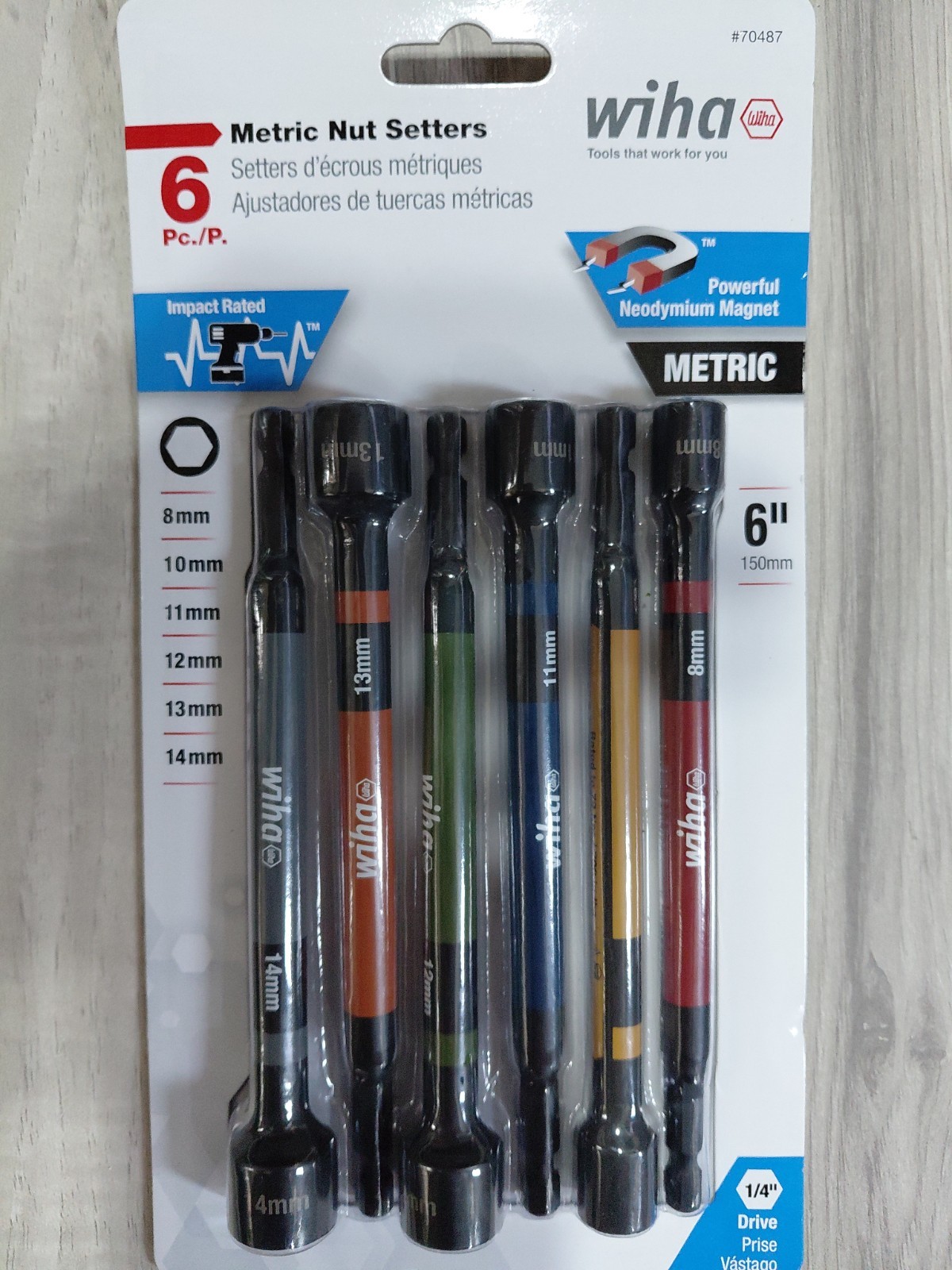 Wiha 70486 & 704876-Piece Color Coded Magnetic Nut Setter,Sae, Metric Set, 6″
