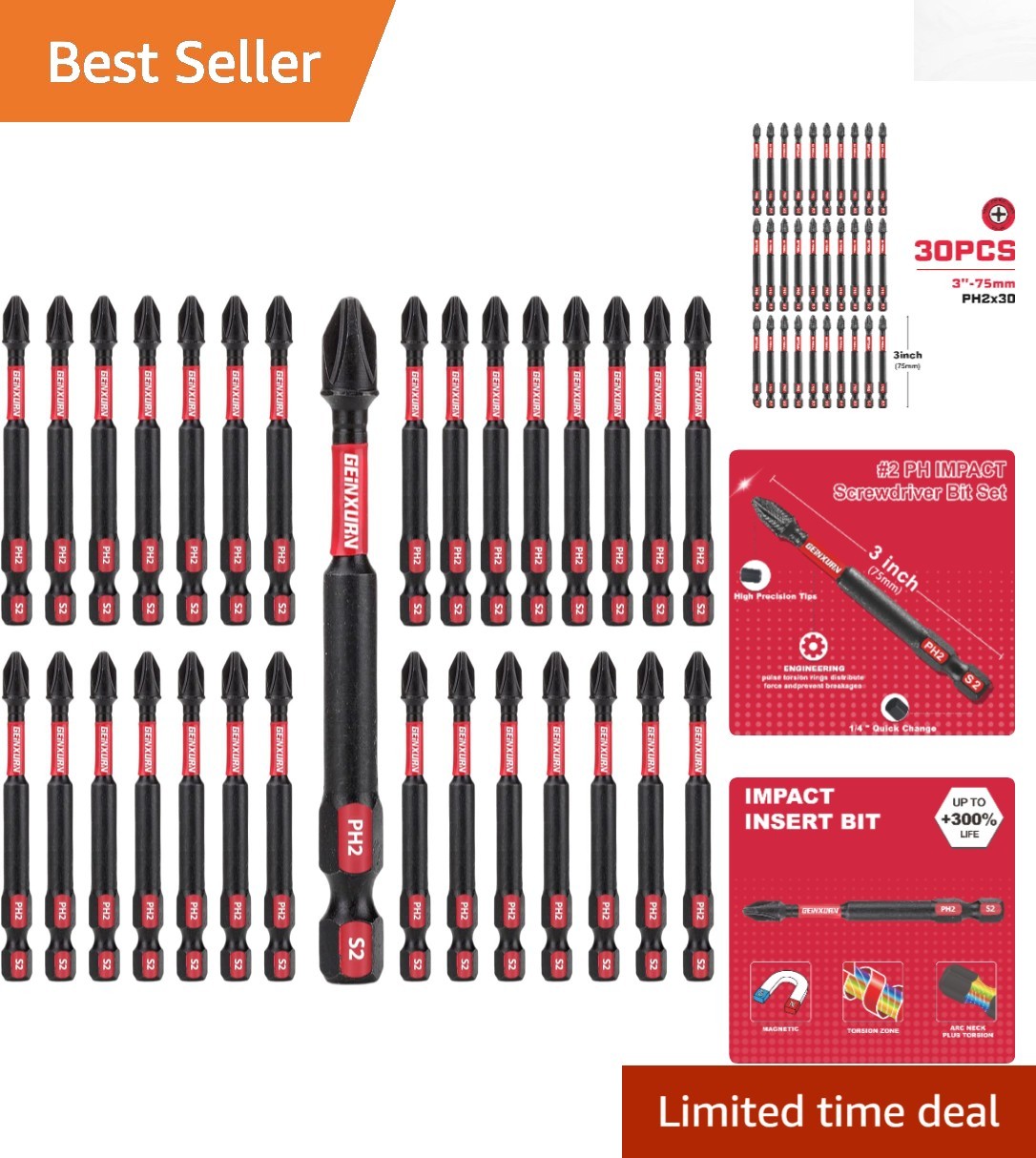 Versatile 30-Pack 3-Inch Impact-Resistant PH2 Driver Bits Set for Woodworking