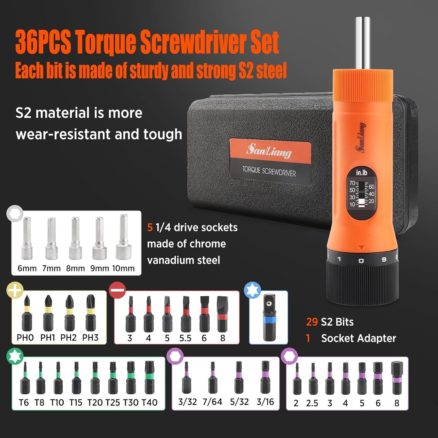 36P Torque Screwdriver Wrench Driver Set 10-70″ Lbs 29 S2 Bit 1/4″Socket Adapter