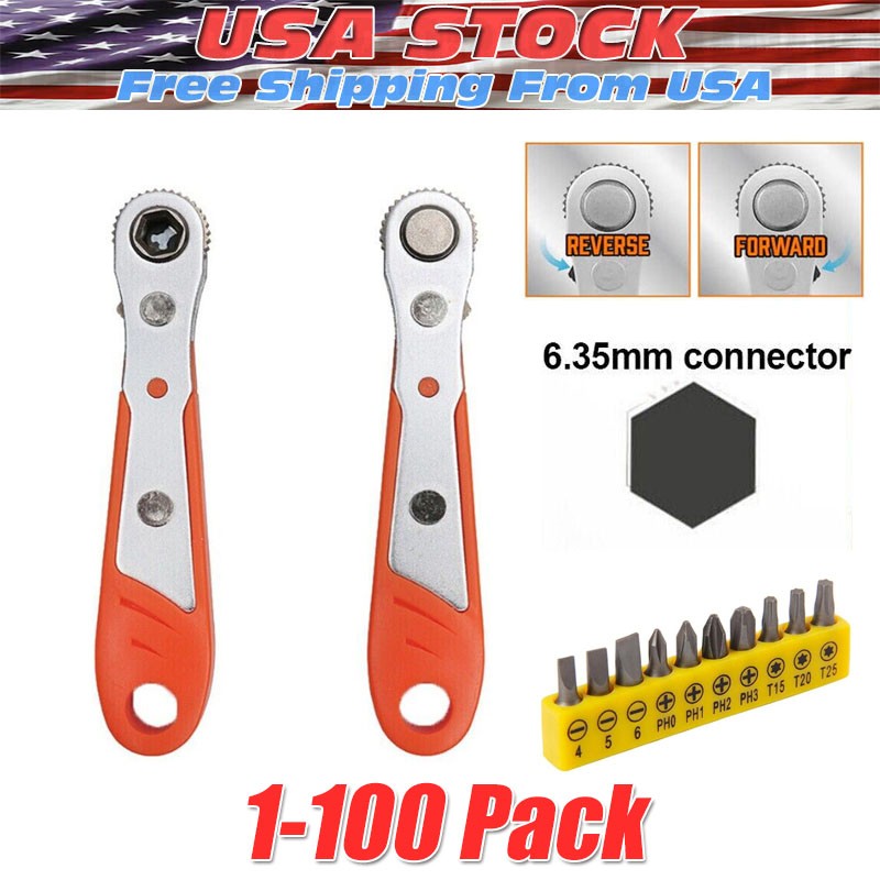 Ratcheting Right Angle Screwdriver Hex Drive 90 Degree Offset + 10pc Bits Set!