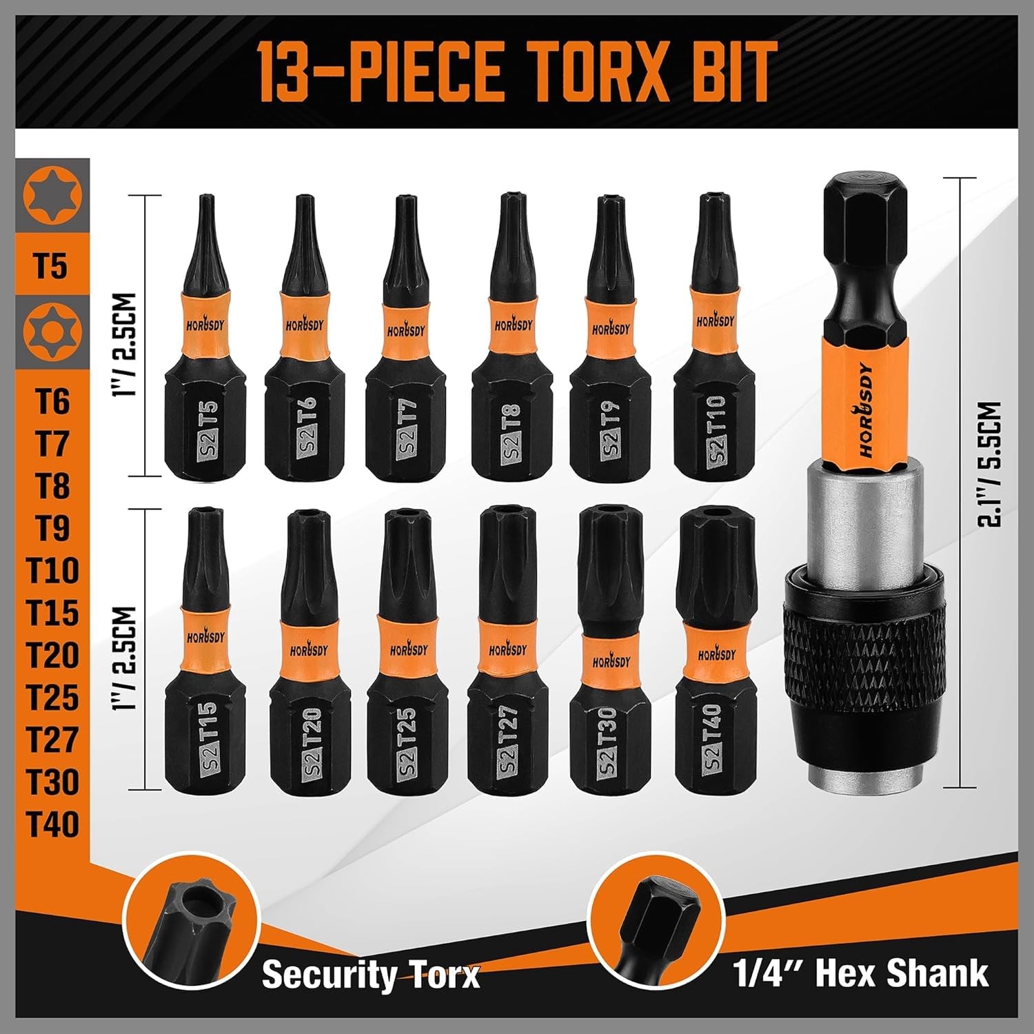 HORUSDY Tamper Proof T5-T40, 2.1″ Self-locking Quick Change, Black & Orange