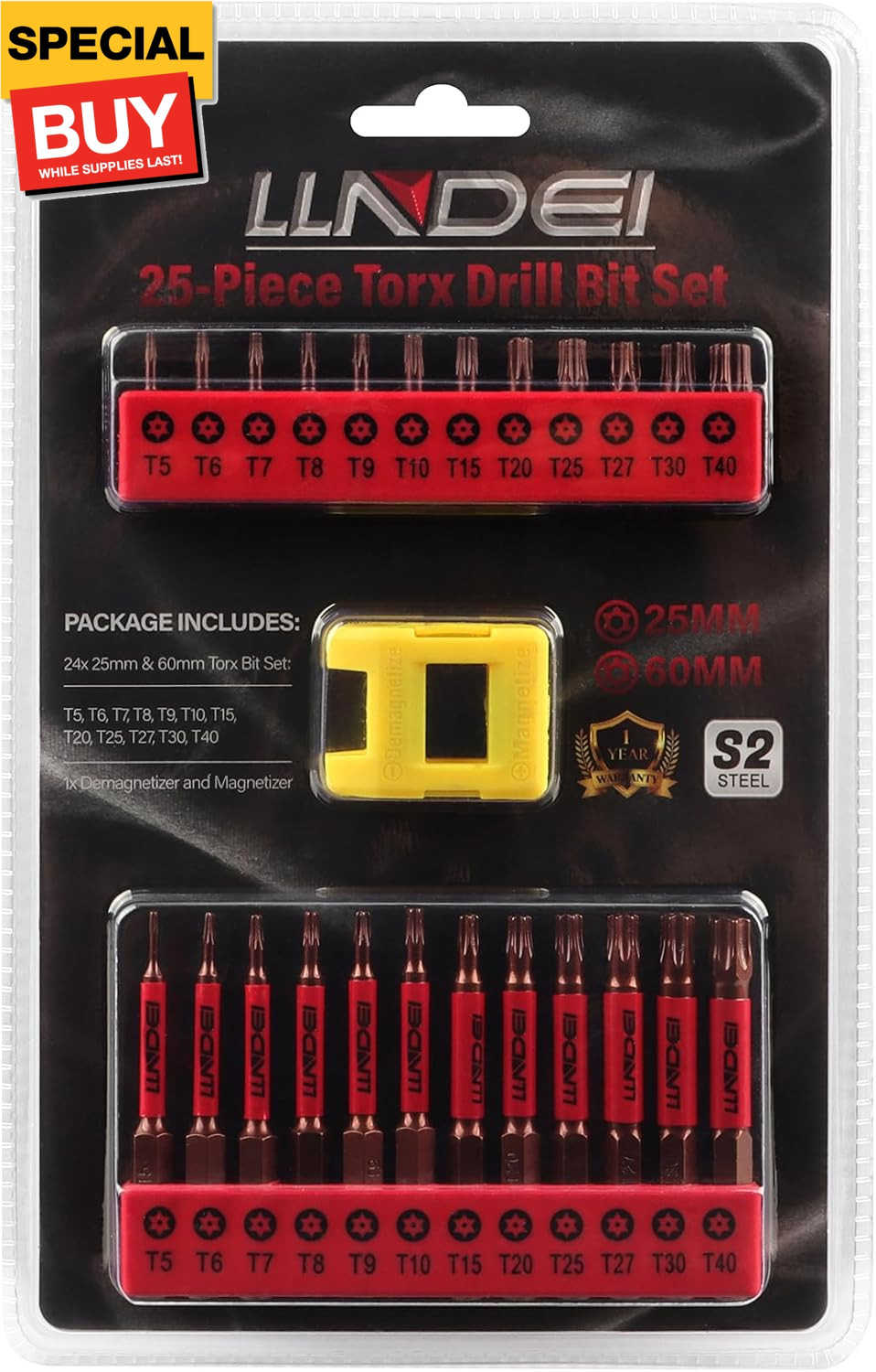 25 PCS Torx Bit Set(T5-T40), Security Torx Bits, Tamper Resistant Star Set, 1″ a