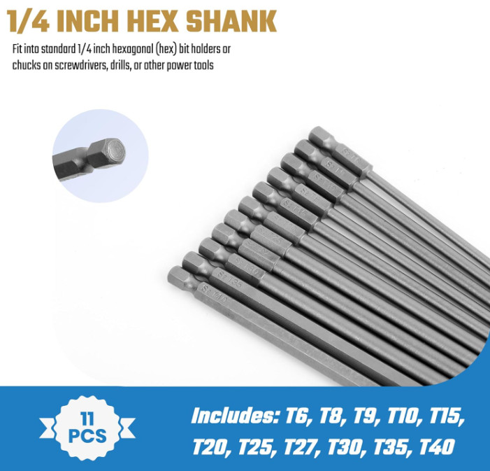 Juego de puntas Torx de seguridad extra largas 11 piezas T6–T40