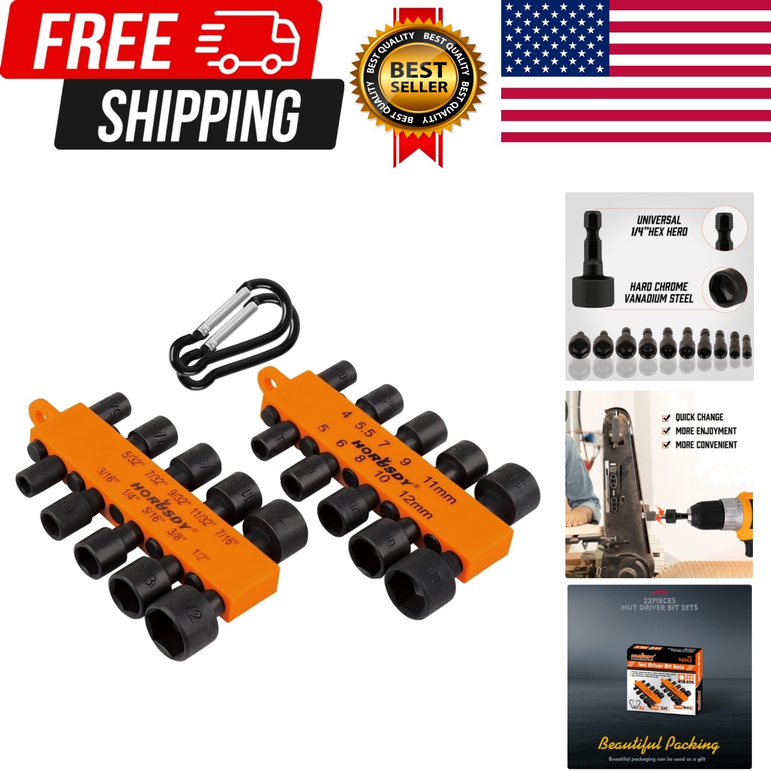 22-Piece Power Nut Driver Set for Impact Drill SAE and Metric