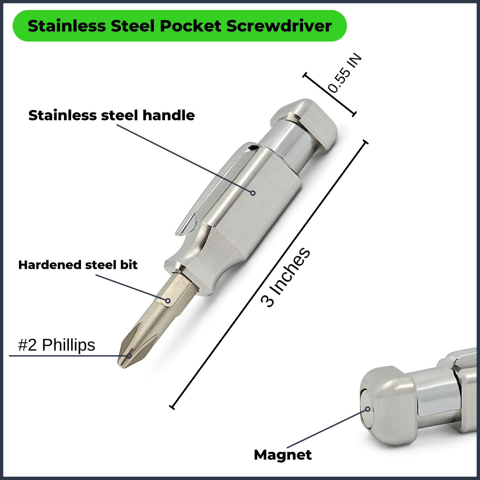 Pocket Screwdriver with Magnet and Clip Phillips and Flat Head – Stainless Steel