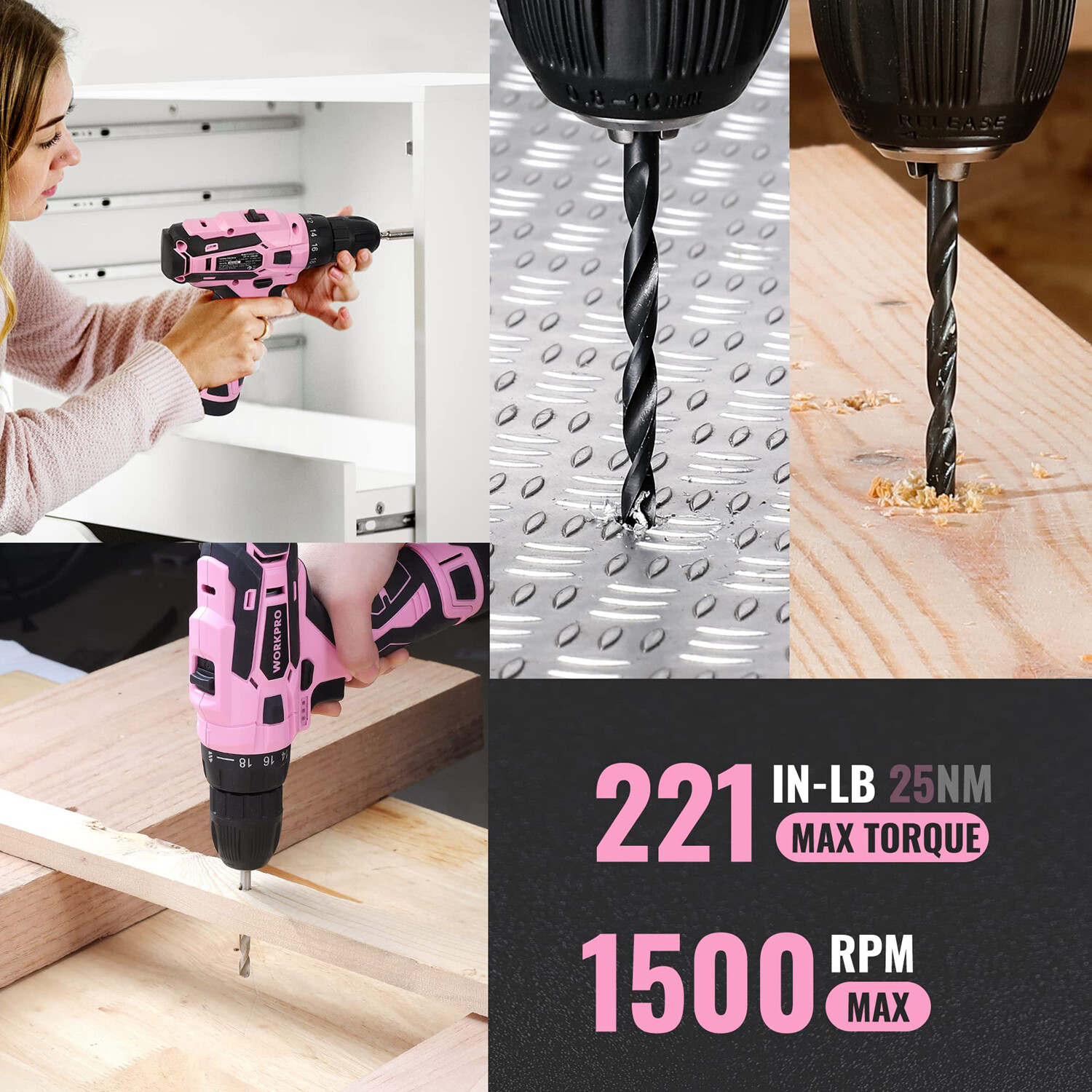 WORKPRO 108PCS Pink Tool Set Power Drill Kits Keyless Chuck 1.5A Cordless Drills