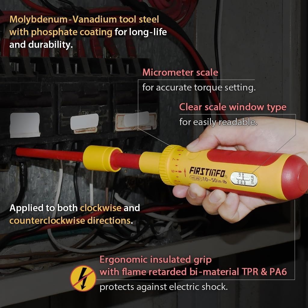 FIRSTINFO H5287 VDE Insulated Torque Screwdriver Set with 8 Bits, 10-50 In-Lbs