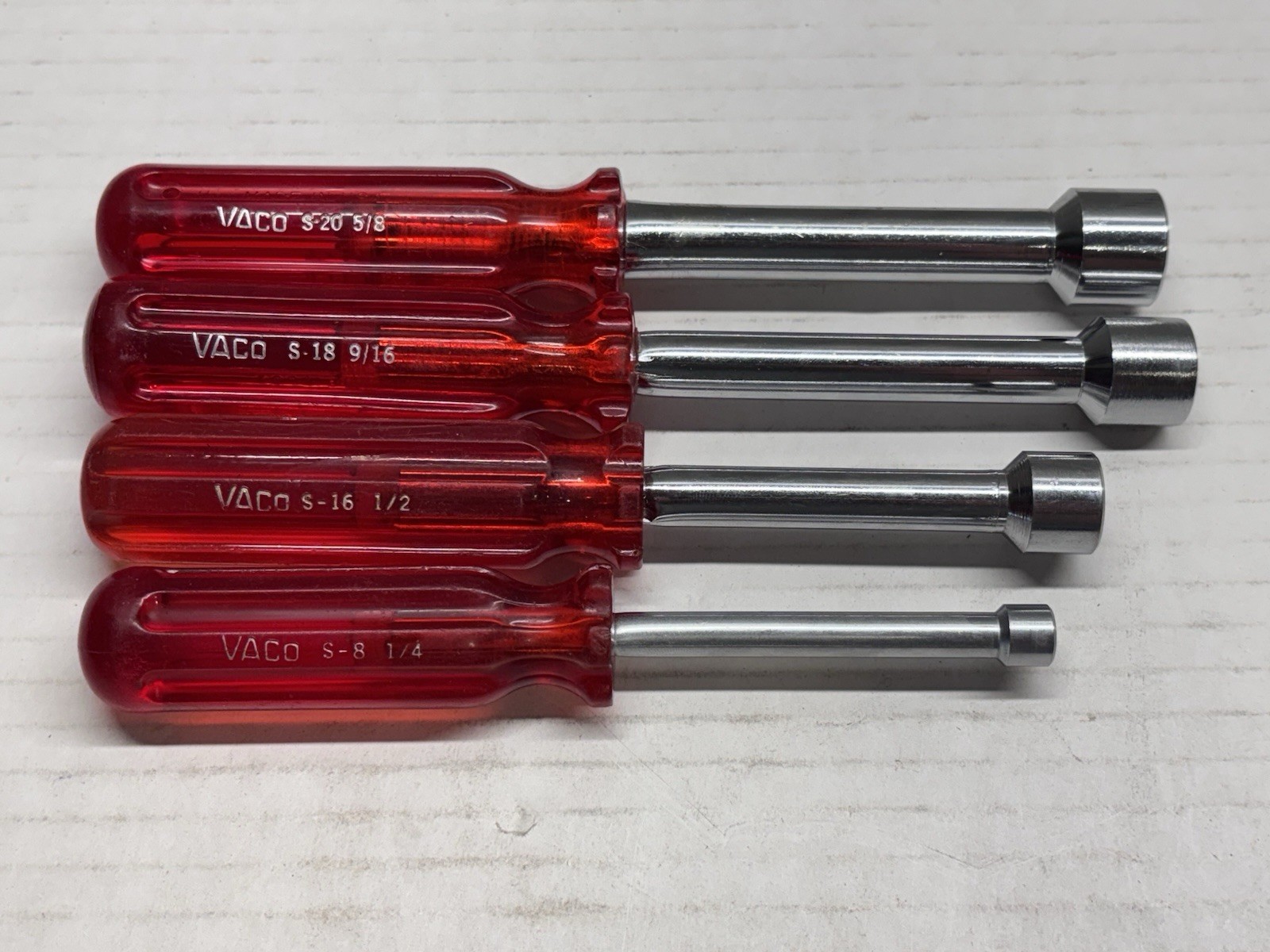 Vintage Vaco 4-Piece Nut Driver Set SAE Short Hollow Shank S-20, S-18, S-16, S-8