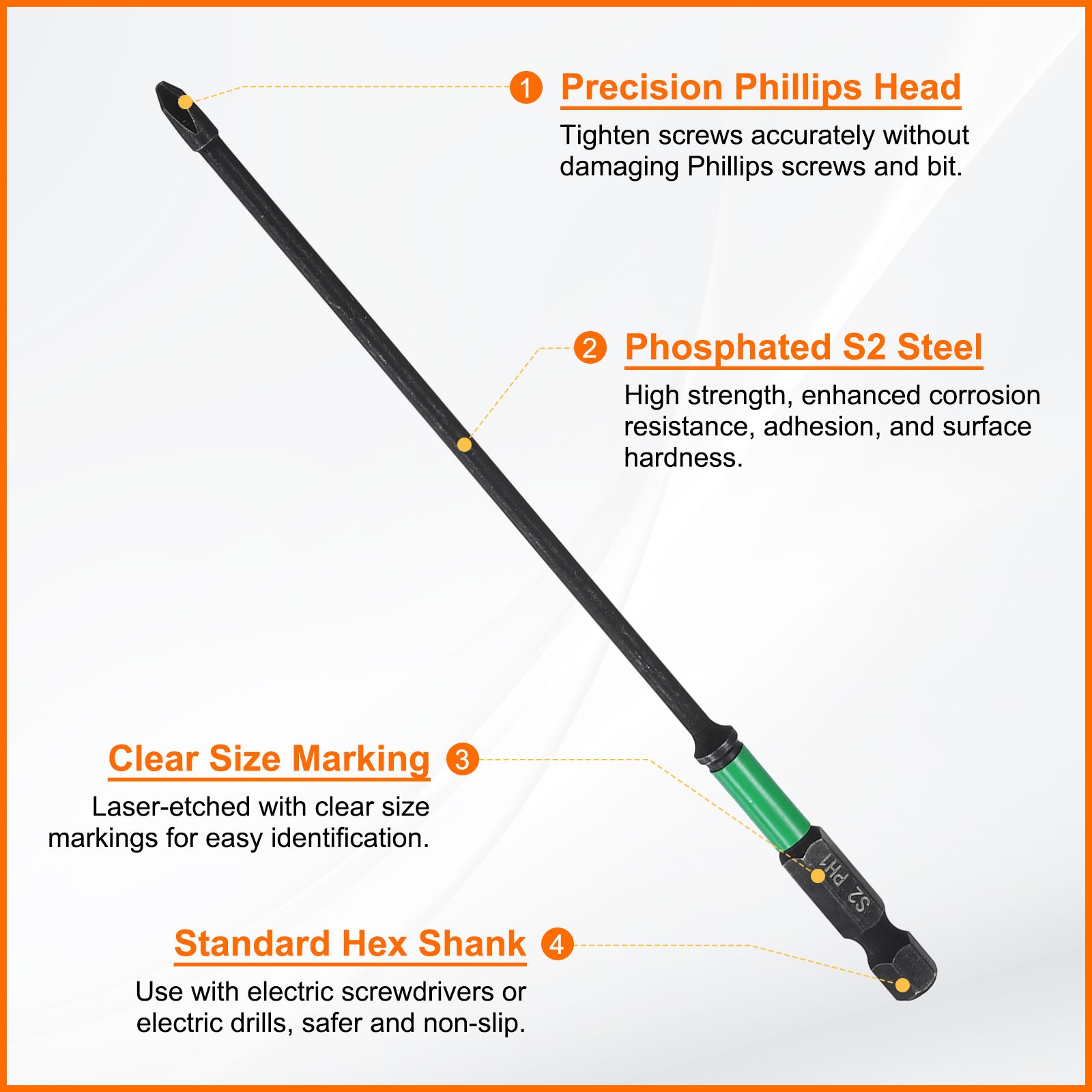 3pcs PH1 Impact Phillips Screwdriver Bits 1/4″ Hex Shank 6″ Long 0.12″ Rod