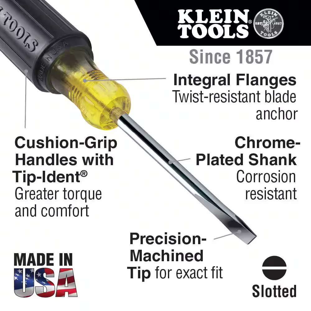 Klein Tools 601-3 3/16″ Flat Head Screwdriver, Cabinet Tip with 3″ Round Shank